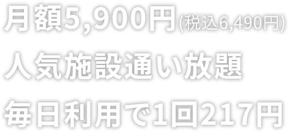 月額5,900円(税込6,490円)で人気施設通い放題。毎日利用で1回217円(税込)